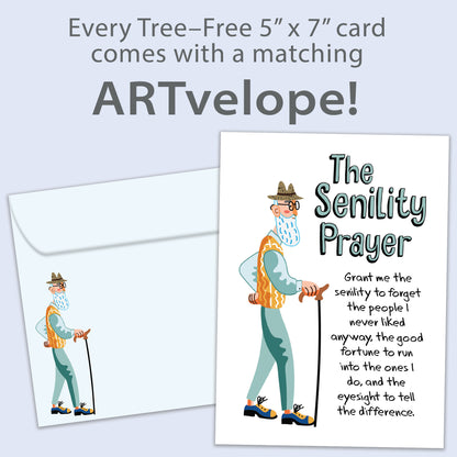 Front view of a Birthday greeting card featuring an elderly man with a cane and the Senility Prayer, with matching envelope artwork.