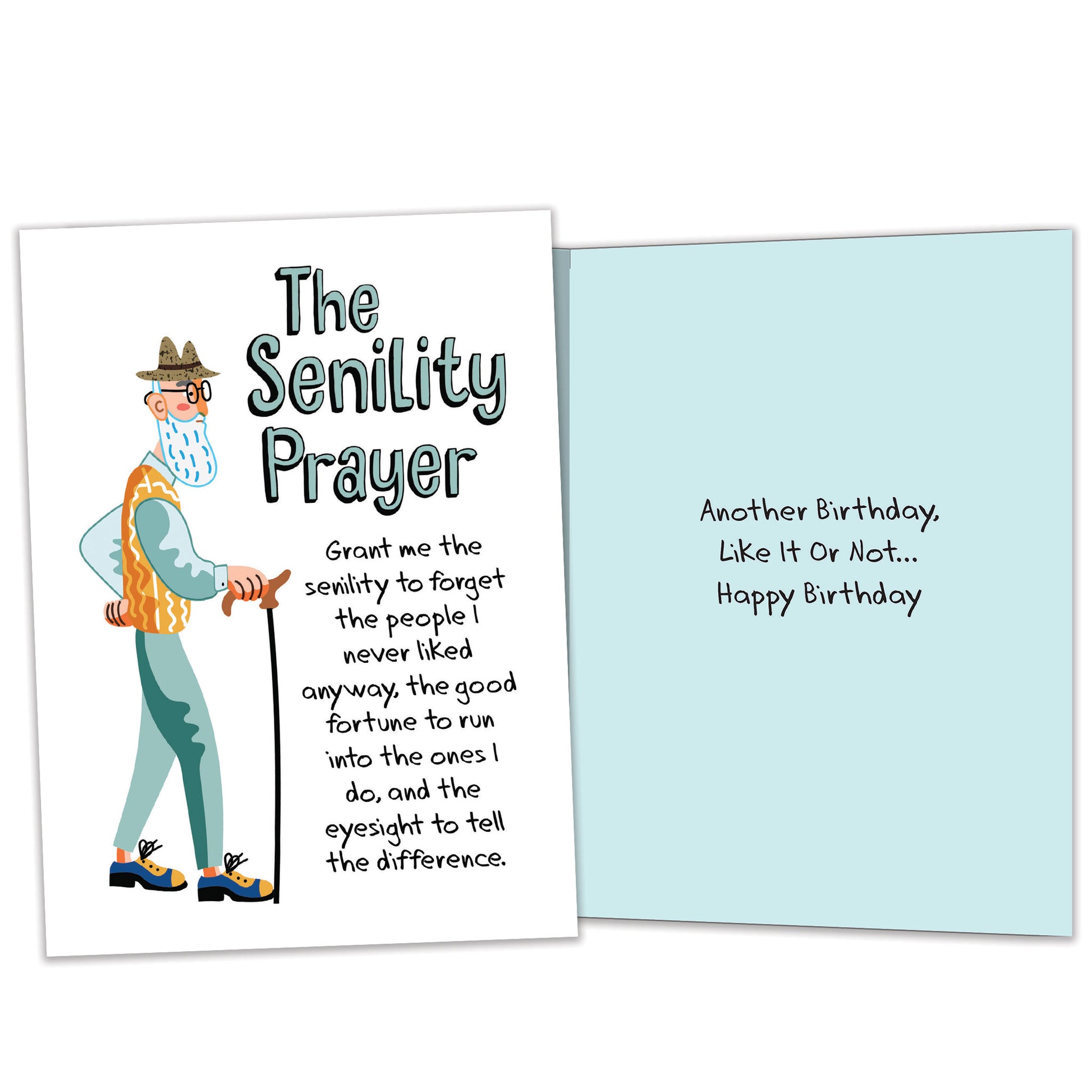 Front and inside view of a Birthday greeting card featuring an elderly man with a cane and the Senility Prayer, with matching design details inside.