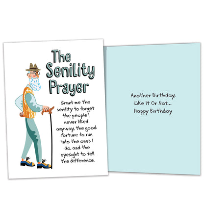 Front and inside view of a Birthday greeting card featuring an elderly man with a cane and the Senility Prayer, with matching design details inside.