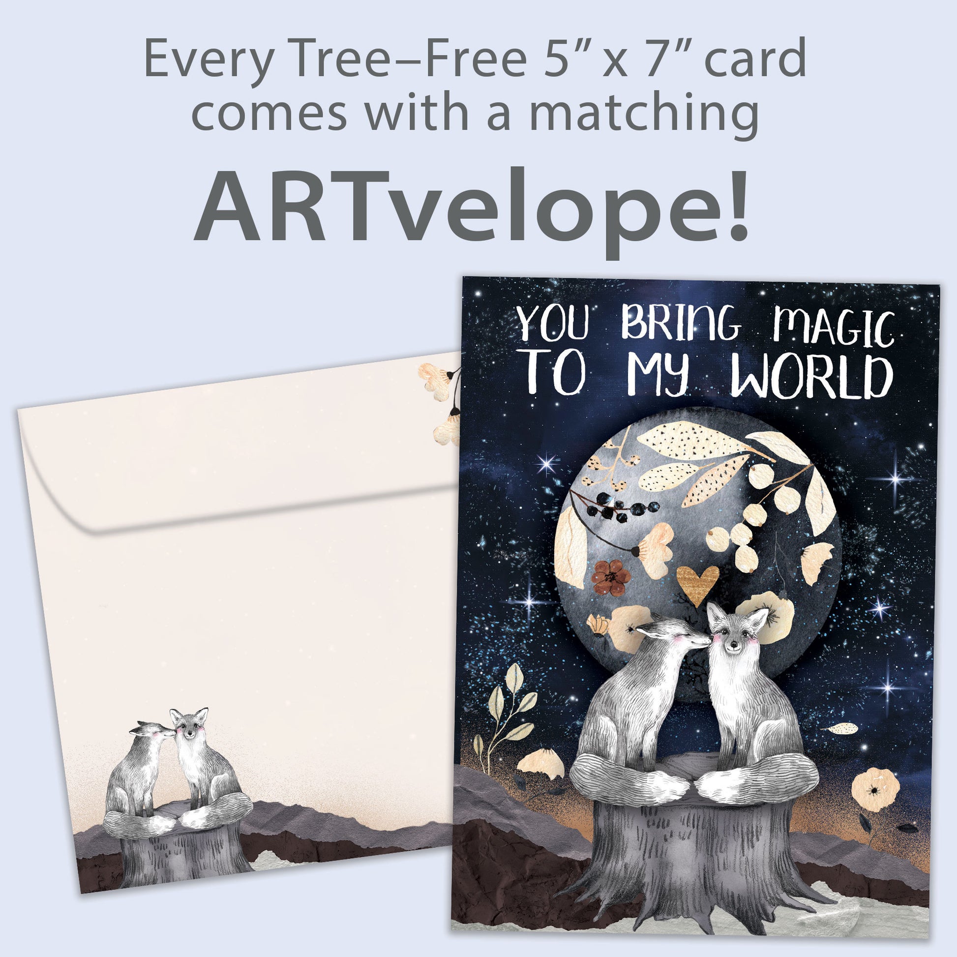 Front view of a Birthday greeting card featuring two endearing foxes and a sentimental message, with matching envelope artwork.