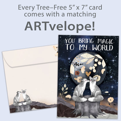 Front view of a Birthday greeting card featuring two endearing foxes and a sentimental message, with matching envelope artwork.
