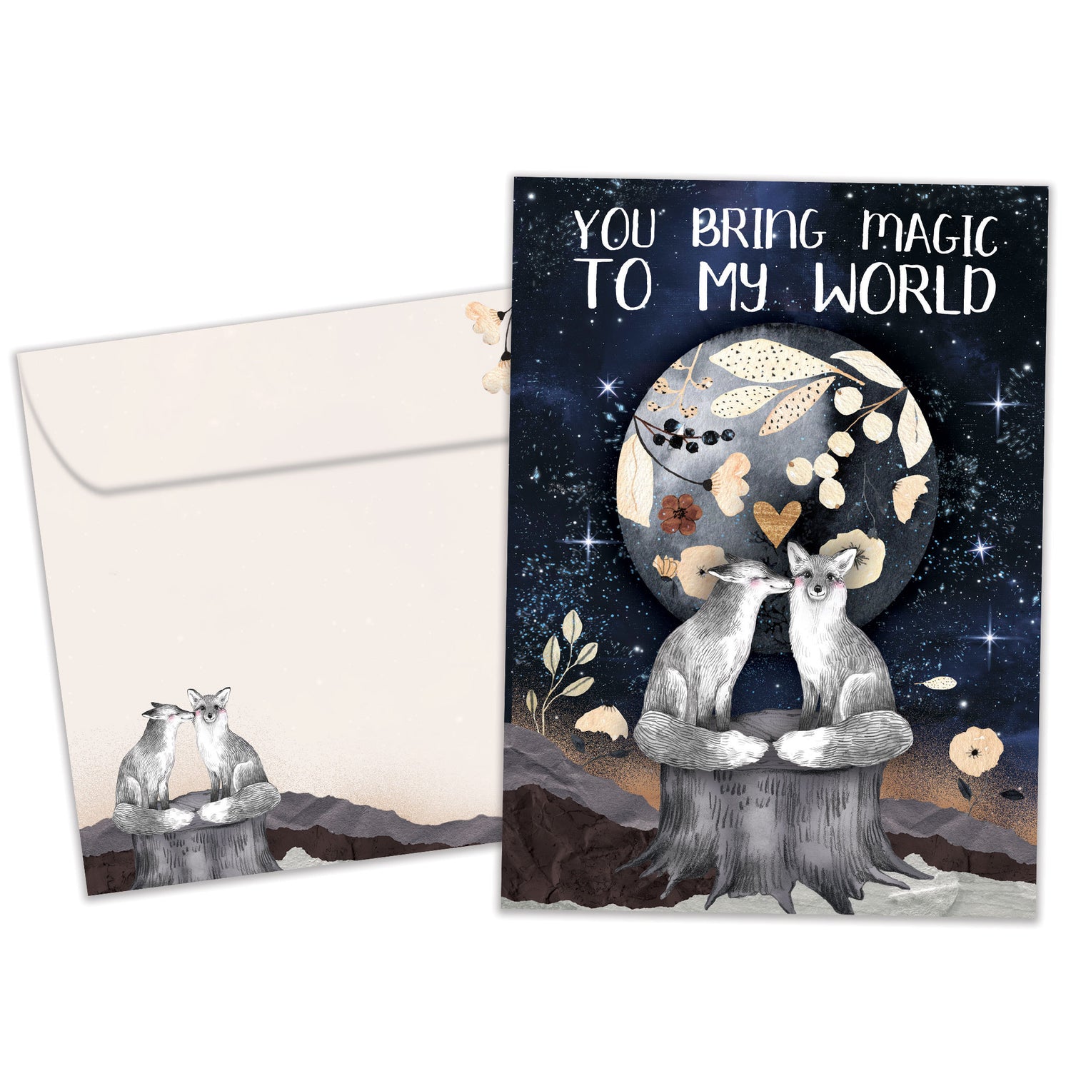 Front view of a Birthday greeting card featuring two endearing foxes and a sentimental message, with a matching envelope.