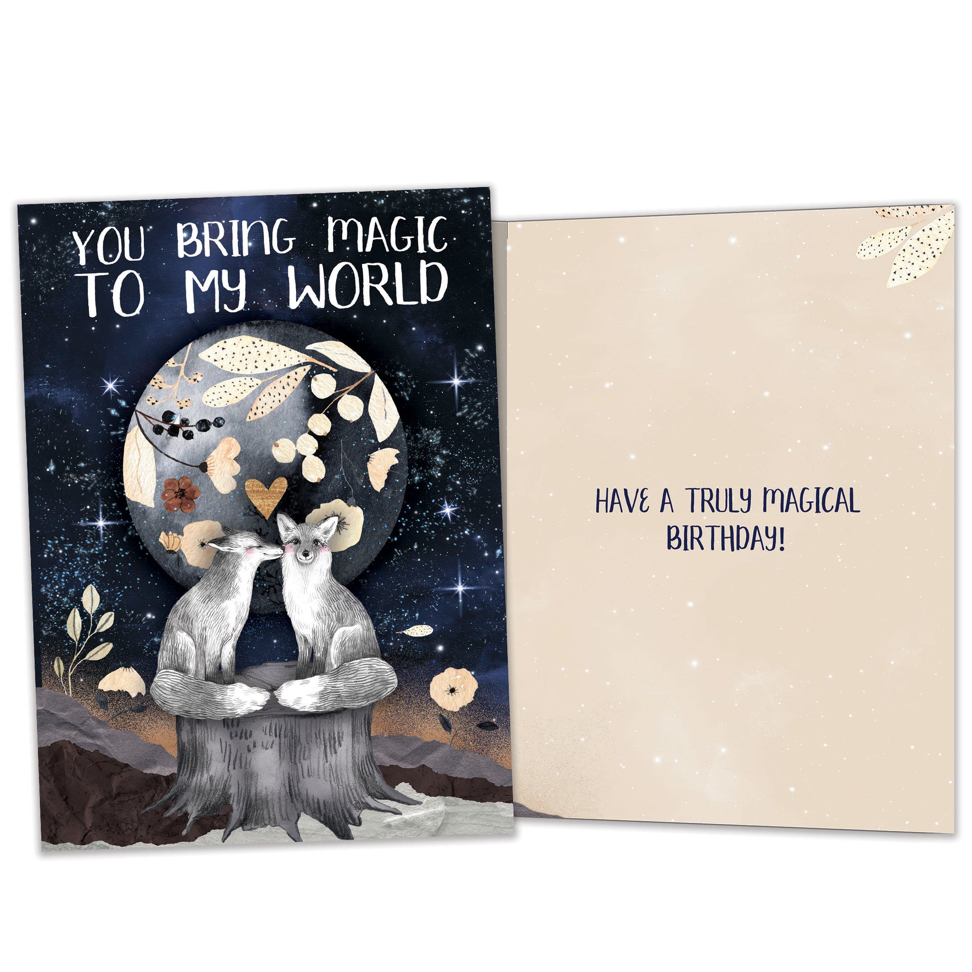 Front and inside view of a Birthday greeting card featuring two endearing foxes and a sentimental message, with matching design details inside.