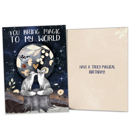 Front and inside view of a Birthday greeting card featuring two endearing foxes and a sentimental message, with matching design details inside.