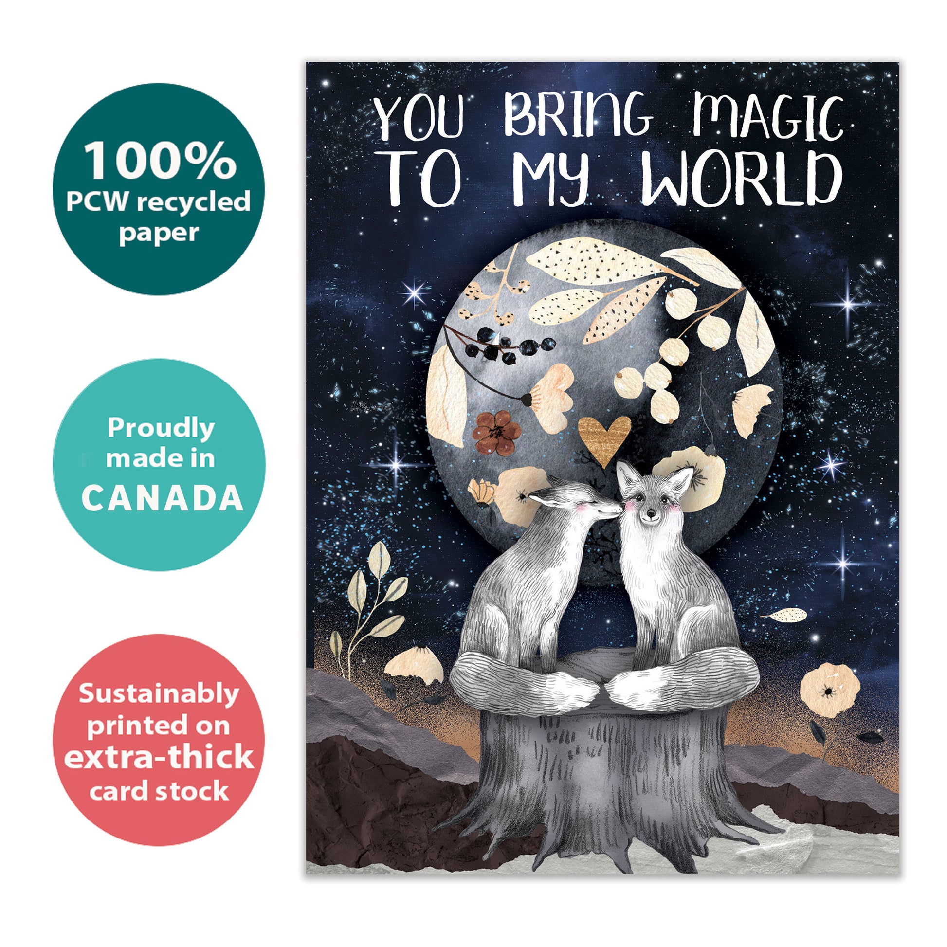 Front view of a Birthday greeting card with two endearing foxes and a sentimental message, highlighting its eco-friendly materials and made in Canada