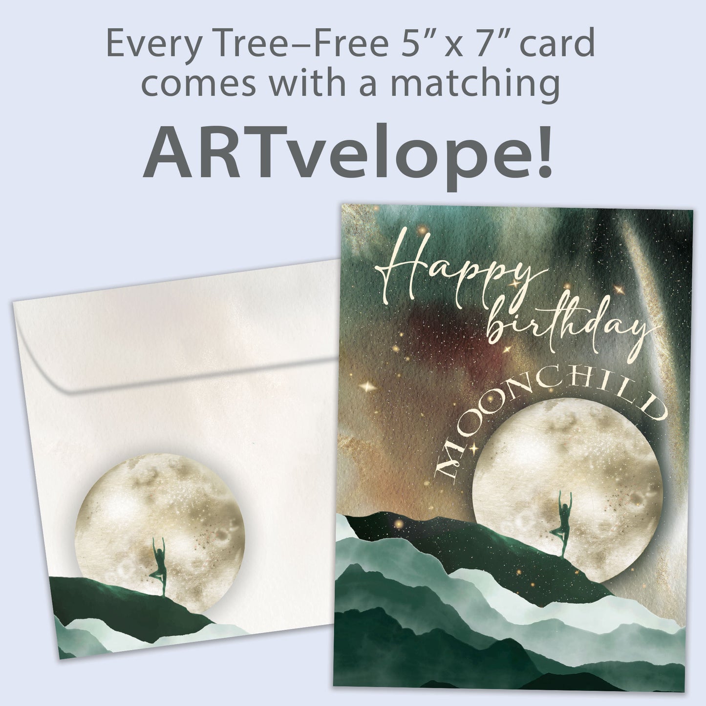 Front view of a Birthday greeting card featuring a moon and mountains scene with the message "Happy Birthday Moonchild", with matching envelope artwork