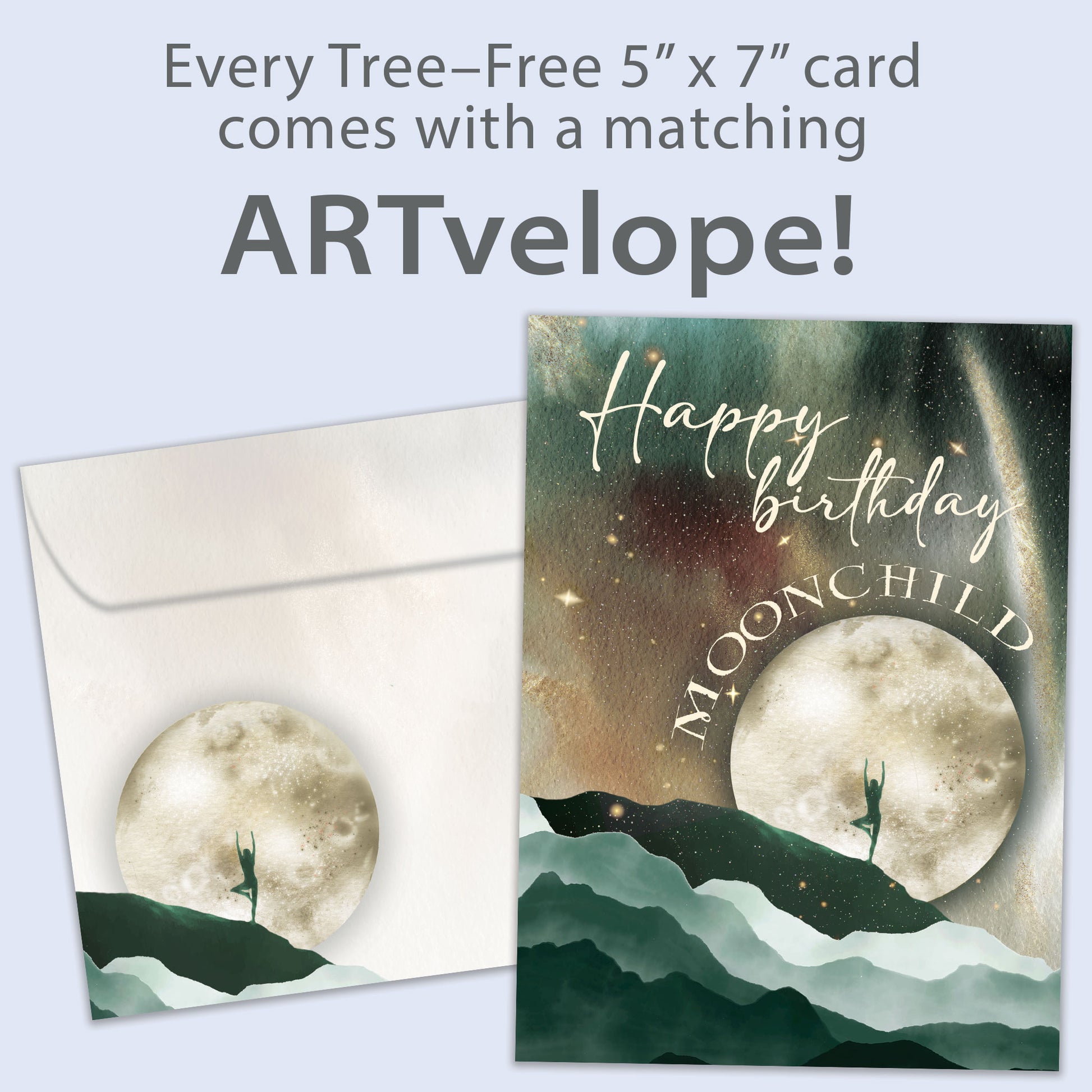 Front view of a Birthday greeting card featuring a moon and mountains scene with the message "Happy Birthday Moonchild", with matching envelope artwork