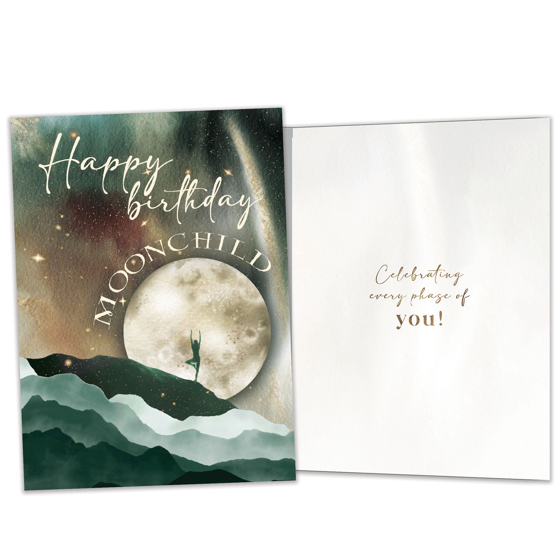 Front and inside view of a Birthday greeting card featuring a moon and mountains scene, with matching design details inside.