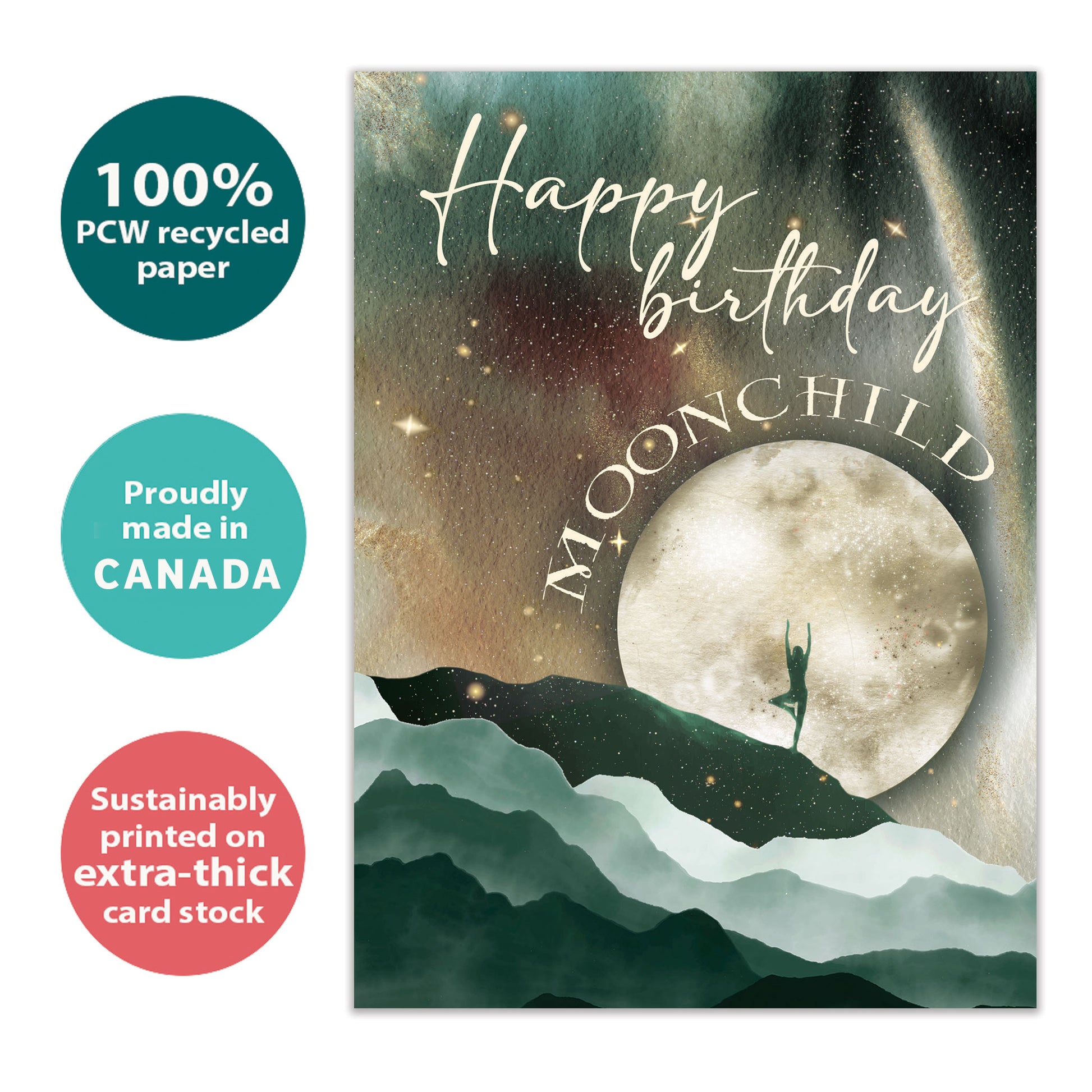Front view of a Birthday greeting card with a moon and mountains scene with a birthday message, highlighting its eco-friendly materials and made in Canada
