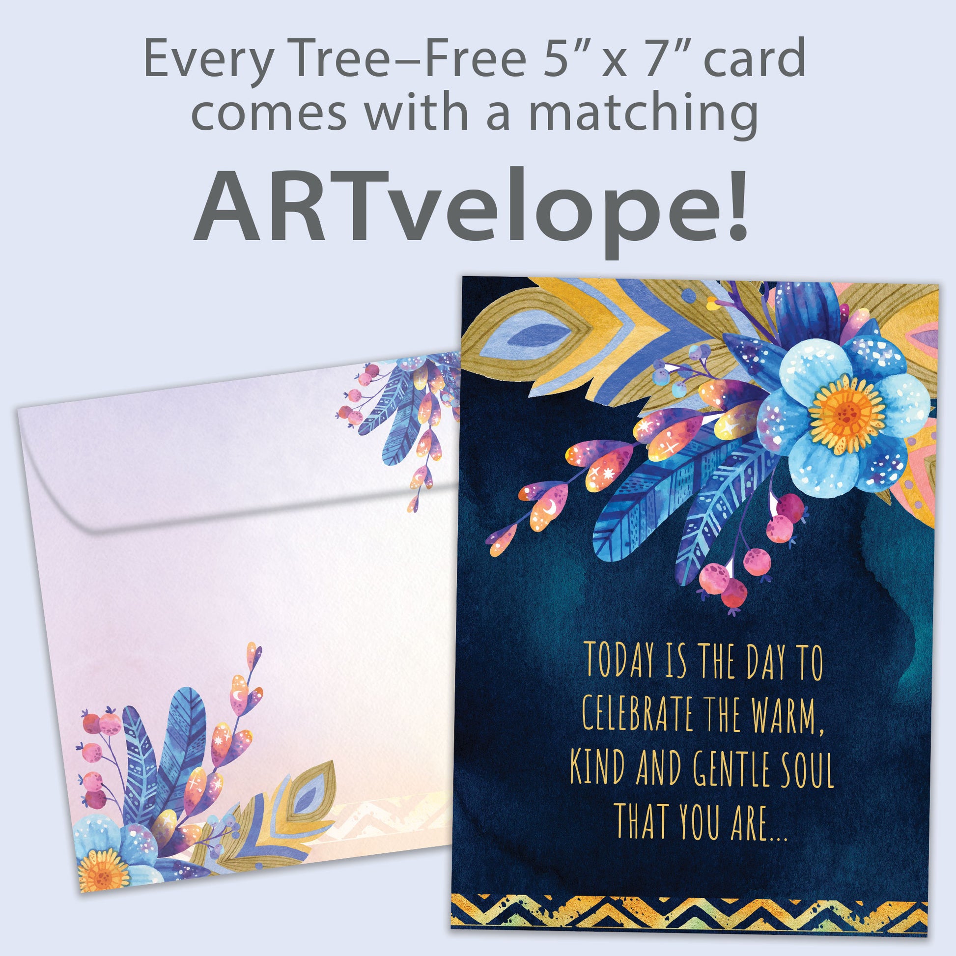 Front view of a Birthday greeting card featuring a beautiful floral design on a dark blue background and a warm message, with matching envelope artwork