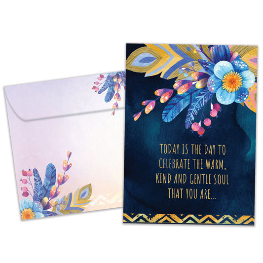 Front view of a Birthday greeting card featuring a beautiful floral design on a dark blue background with a warm message, with a matching envelope.