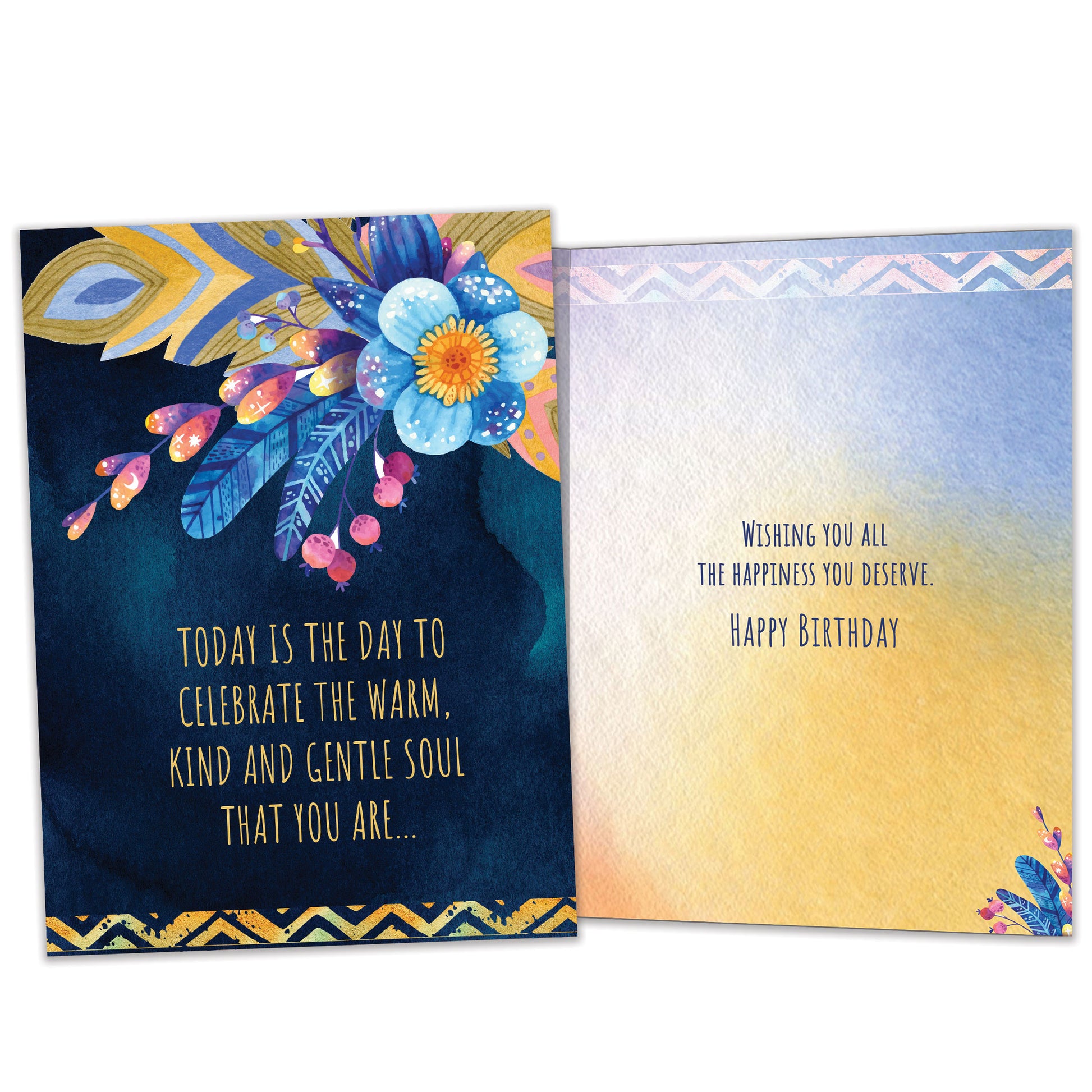 Front and inside view of a Birthday greeting card featuring a beautiful floral design and a warm message, with matching design details inside