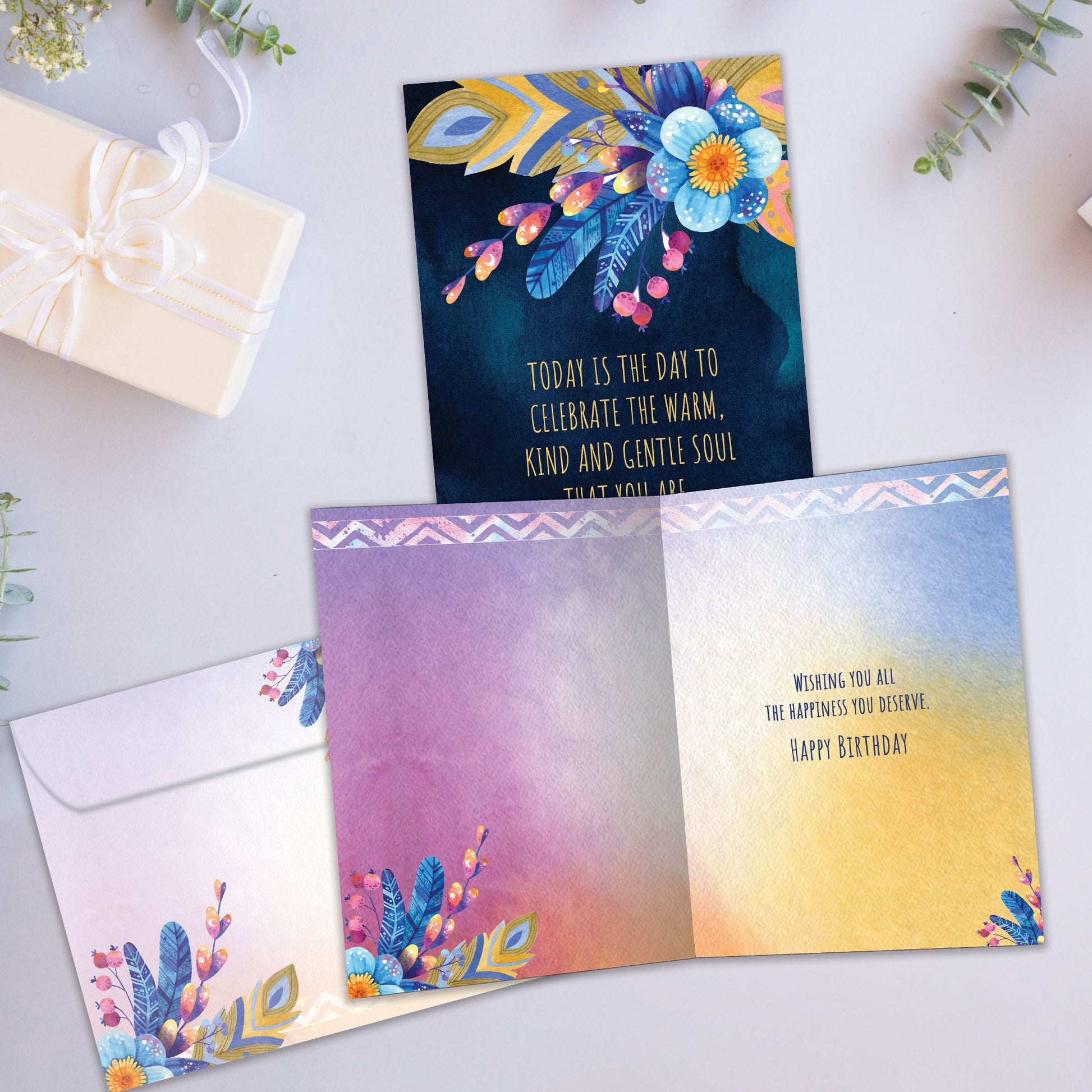 Front and inside view of a Birthday greeting card showcasing a beautiful floral design and a warm message, with a matching envelope