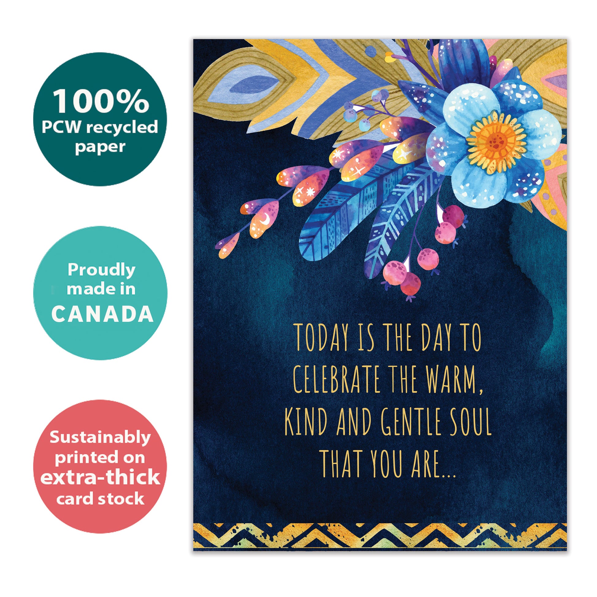 Front view of a Birthday greeting card with a beautiful floral design and a warm message, highlighting its eco-friendly materials and made in Canada