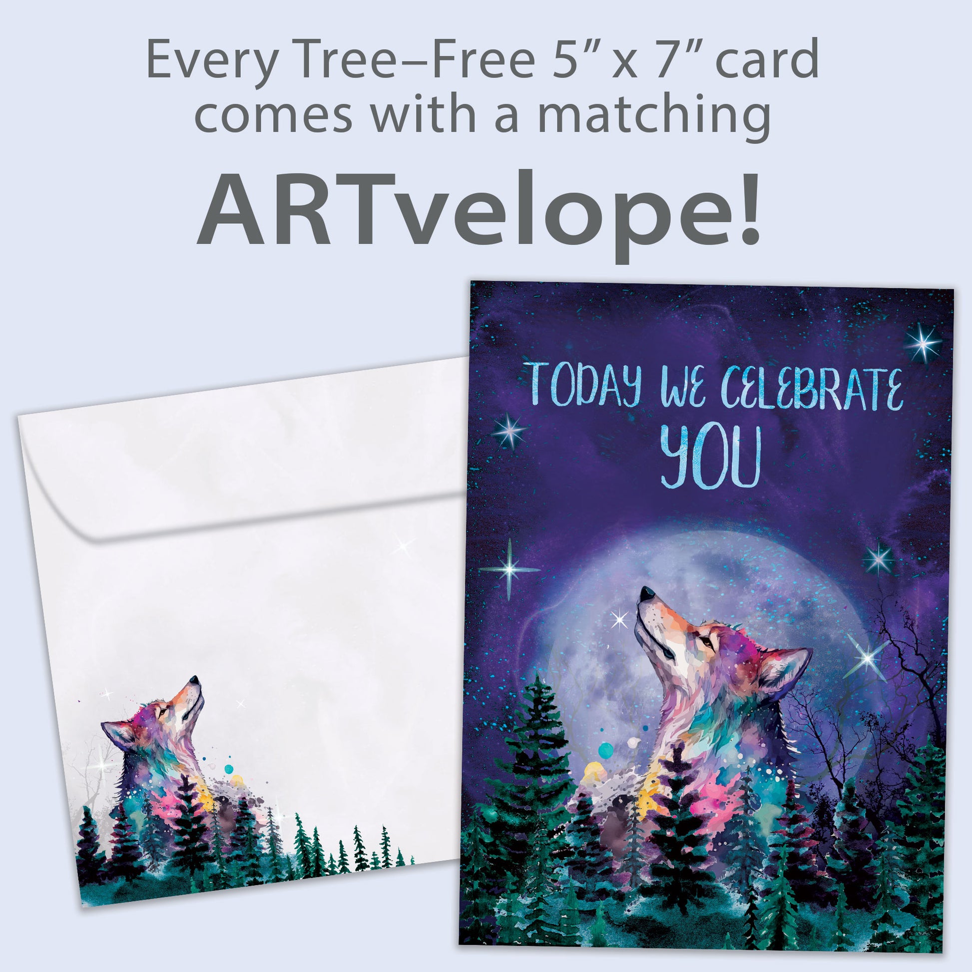 Front view of a Birthday greeting card featuring a wolf in a forest and moon in the background with a message, with matching envelope artwork
