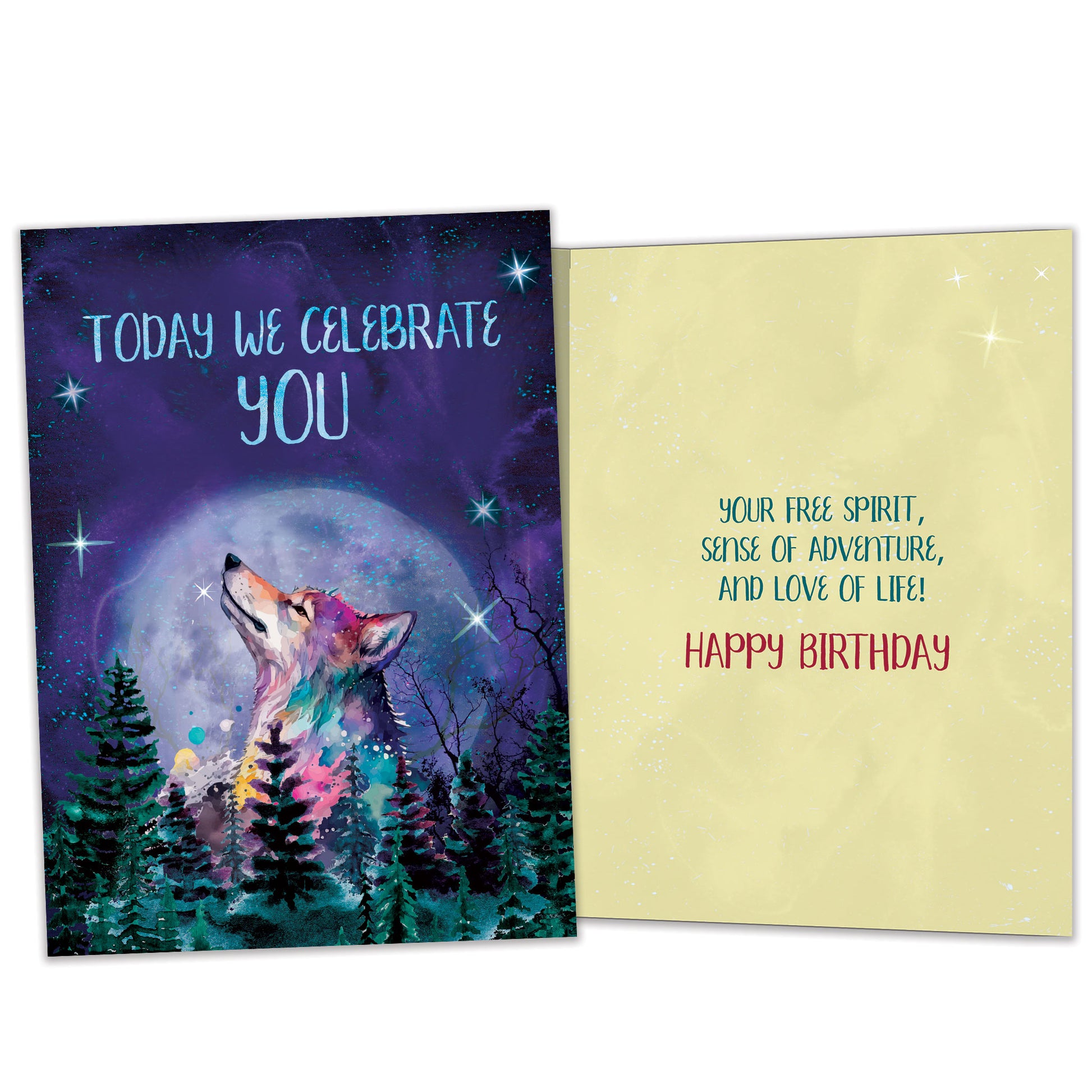 Front and inside view of a Birthday greeting card featuring a wolf in a forest and moon in the background, with matching design details inside