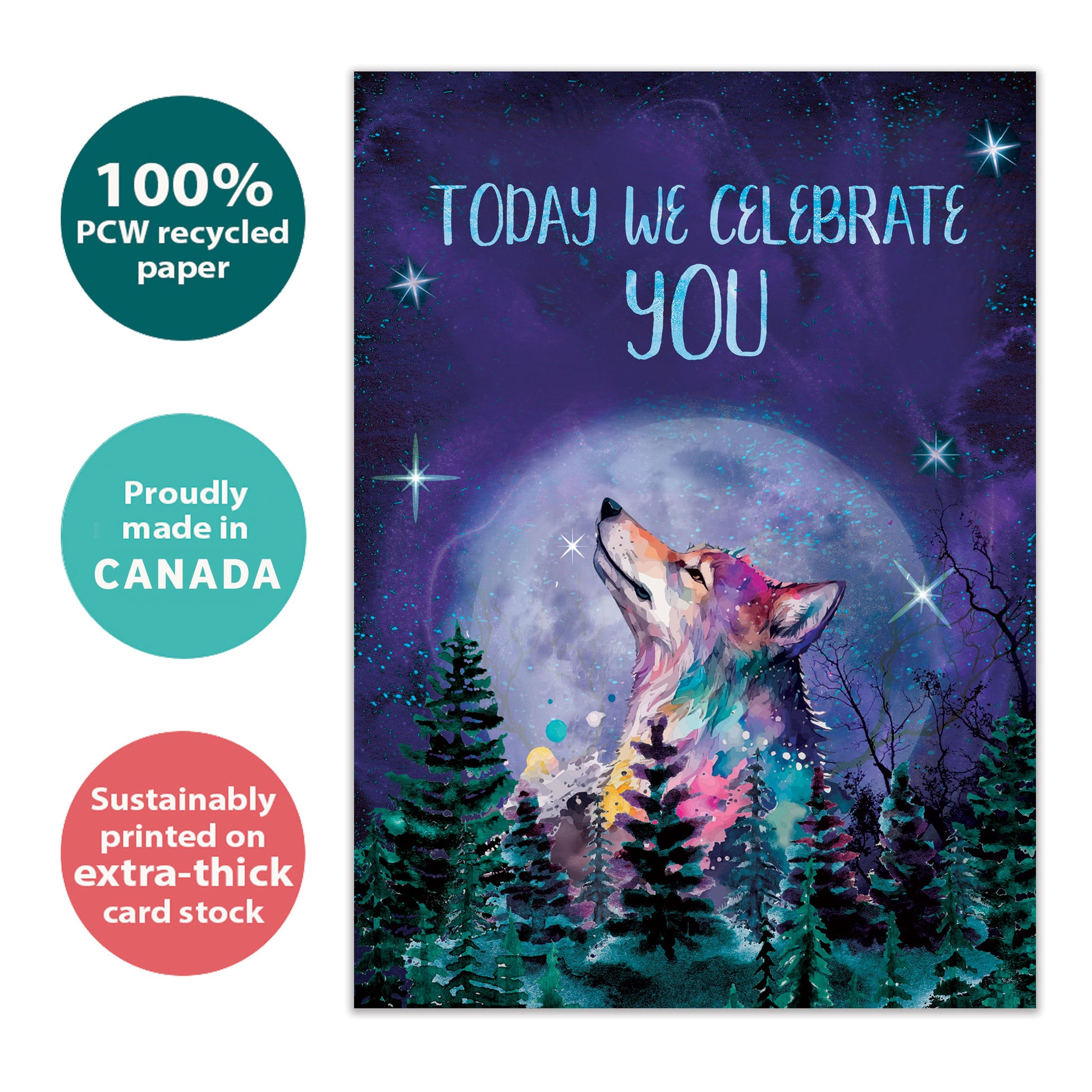 Front view of a Birthday greeting card with a wolf in a forest and moon in the background, highlighting its eco-friendly materials and made in Canada