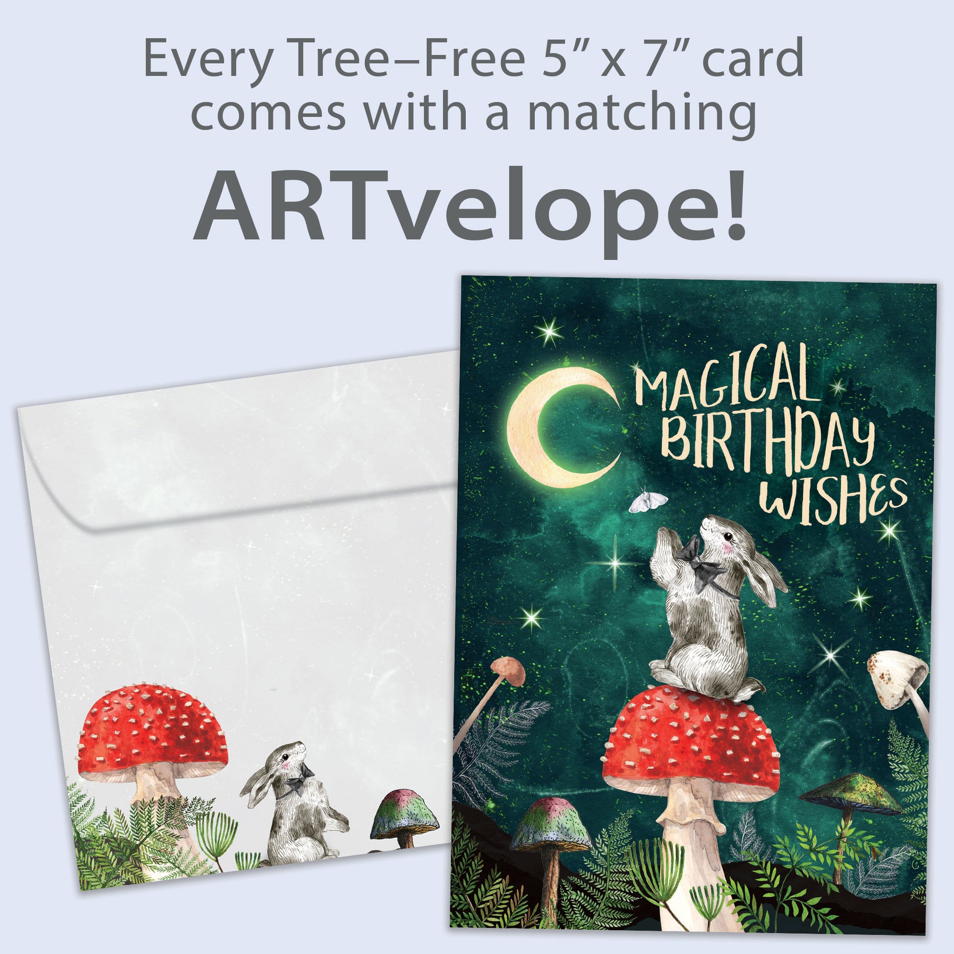Front view of a Birthday greeting card featuring a bunny sitting on a mushroom under the moon and a birthday messsage, with matching envelope artwork