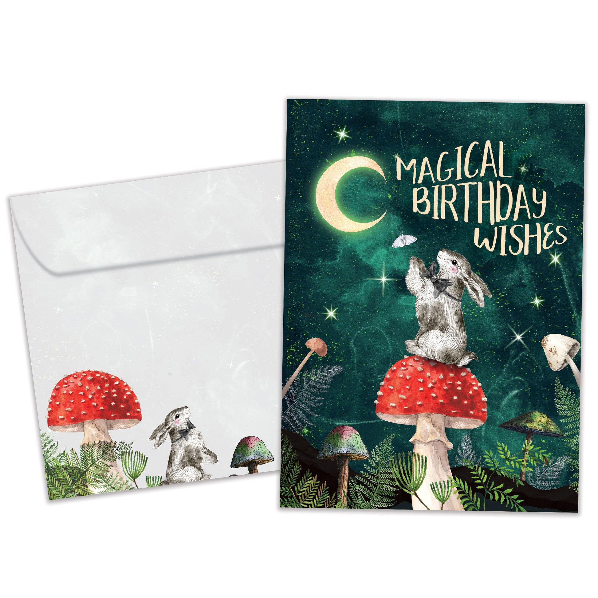 Front view of a Birthday greeting card featuring a bunny sitting on a mushroom under the moon and a birthday messsage, with a matching envelope