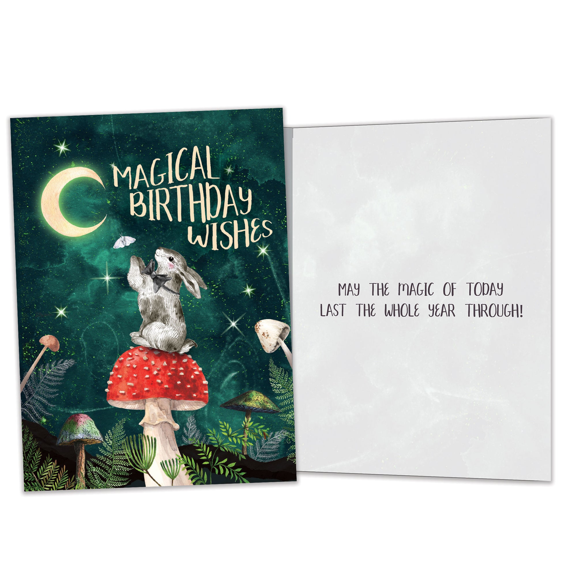 Front and inside view of a Birthday greeting card featuring a bunny on a mushroom under the moon and a messsage, with matching design details inside. 