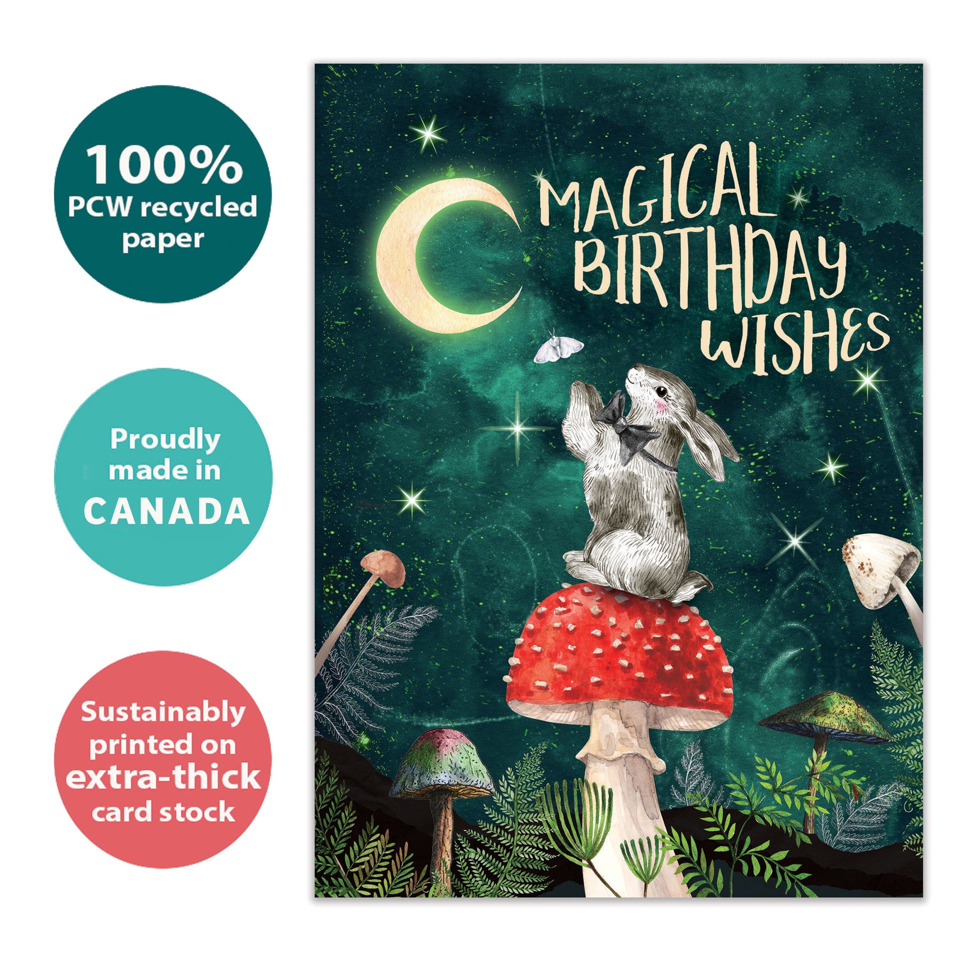 Front view of a Birthday greeting card with a bunny on a mushroom under the moon, highlighting its eco-friendly materials and made in Canada.