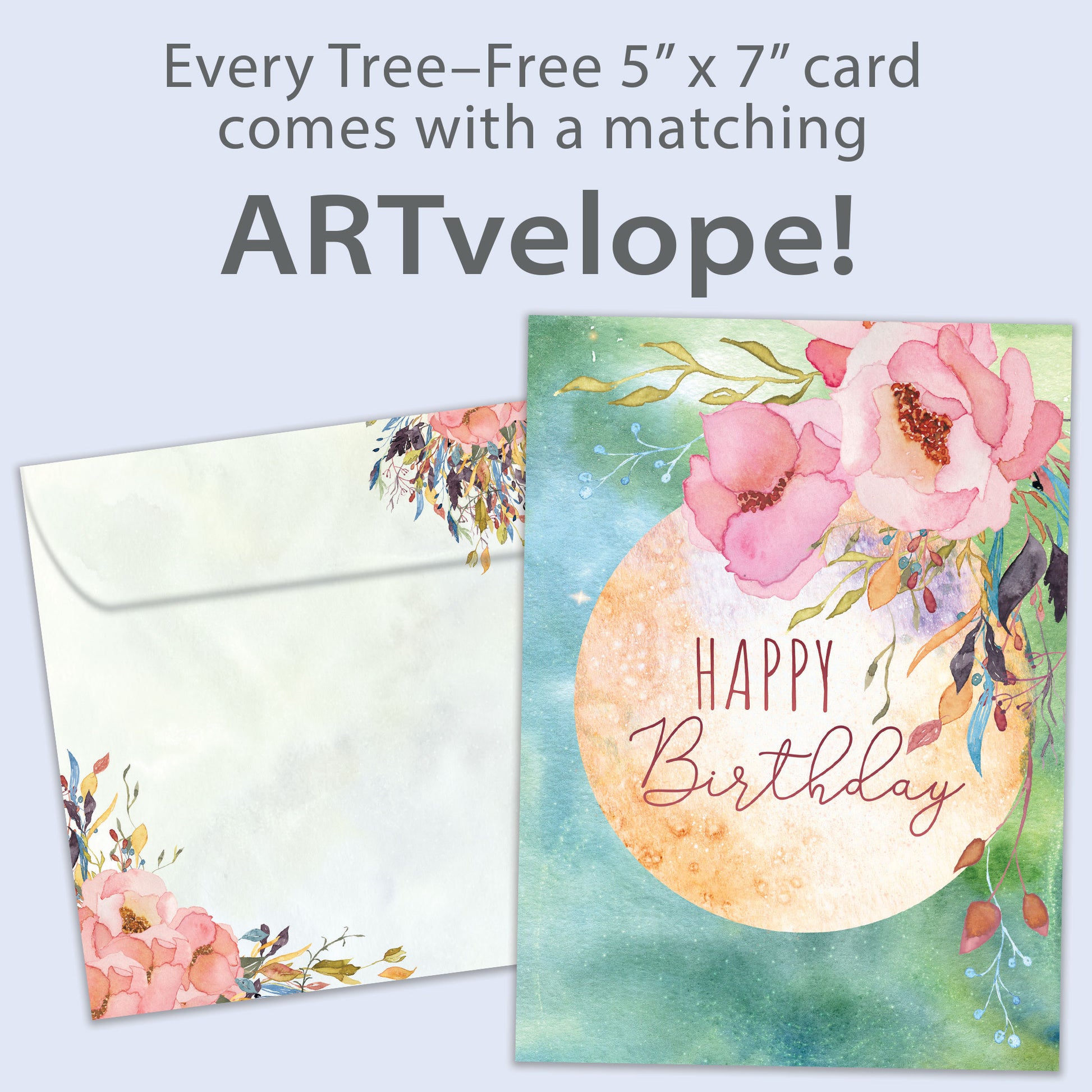 Front view of a Birthday greeting card featuring a floral design with the message "Happy Birthday", with matching envelope artwork.