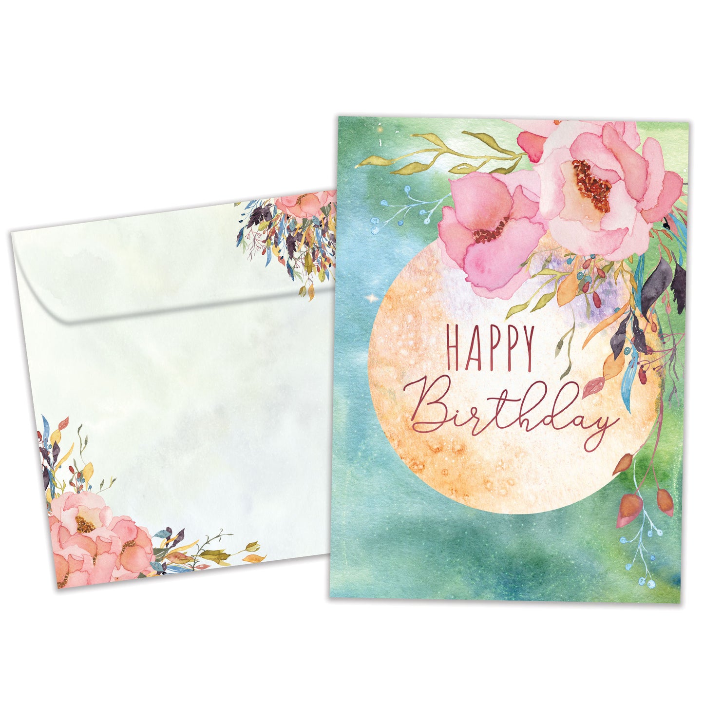 Front view of a Birthday greeting card featuring a beautiful floral design with the message "Happy Birthday", with a matching envelope.