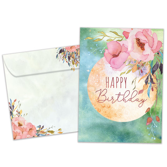 Front view of a Birthday greeting card featuring a beautiful floral design with the message "Happy Birthday", with a matching envelope.