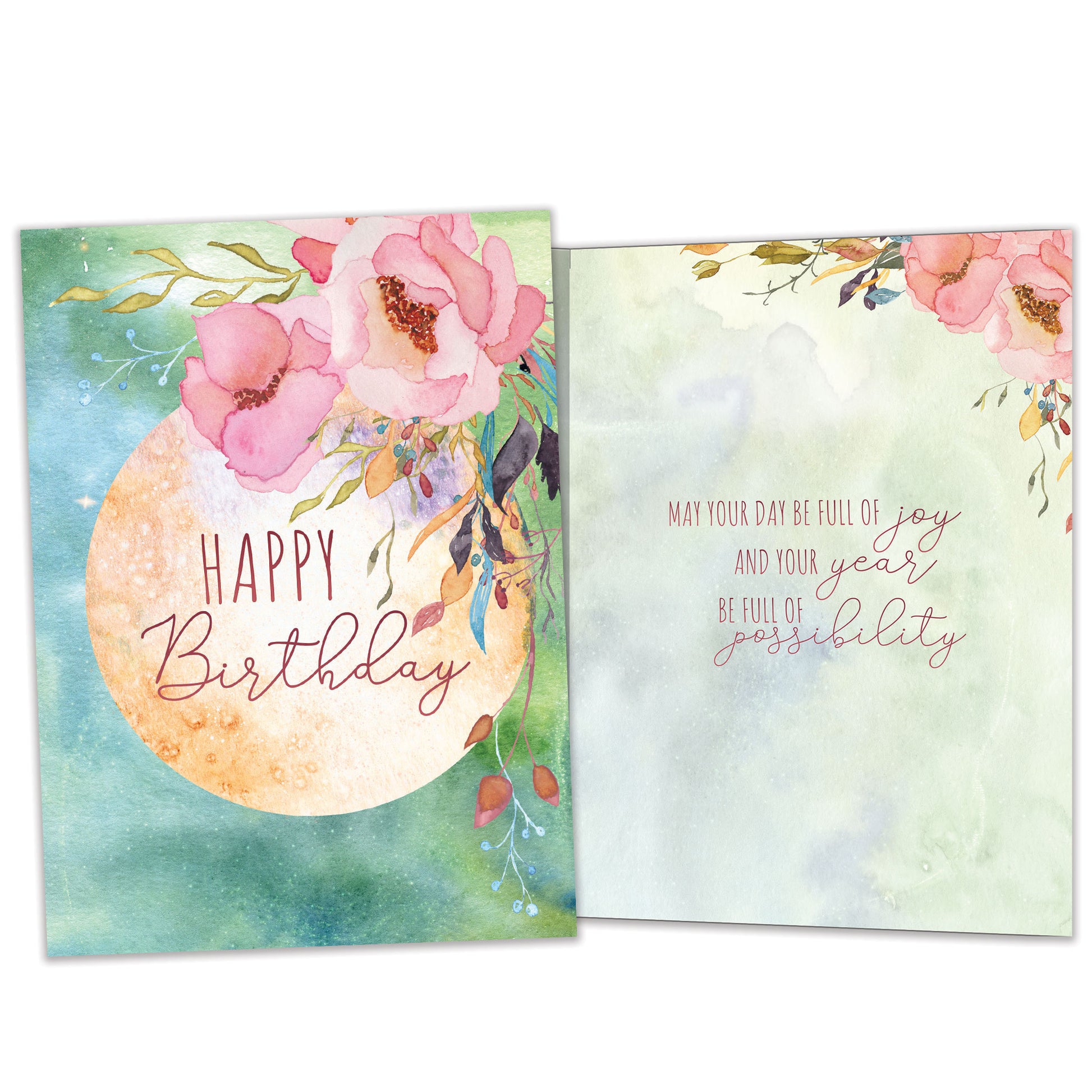 Front and inside view of a Birthday greeting card featuring a floral design and the message "Happy Birthday", with matching design details inside.