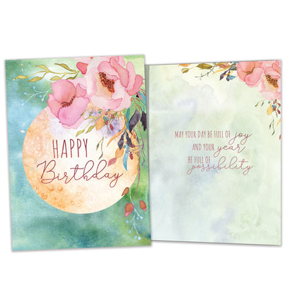Front and inside view of a Birthday greeting card featuring a floral design and the message "Happy Birthday", with matching design details inside.