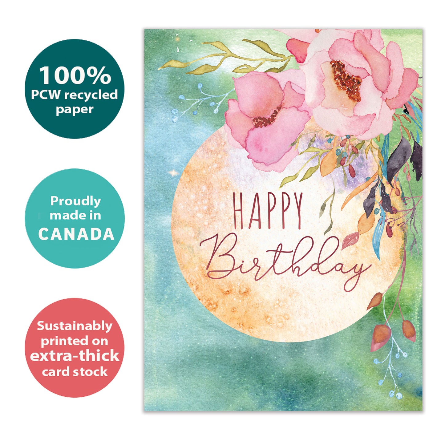 Front view of a Birthday greeting card with a floral design and the message "Happy Birthday", highlighting its eco-friendly materials and made in Canada.