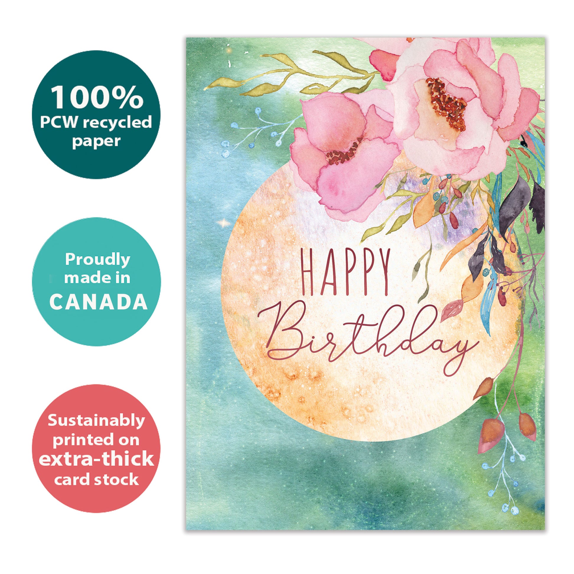 Front view of a Birthday greeting card with a floral design and the message "Happy Birthday", highlighting its eco-friendly materials and made in Canada.