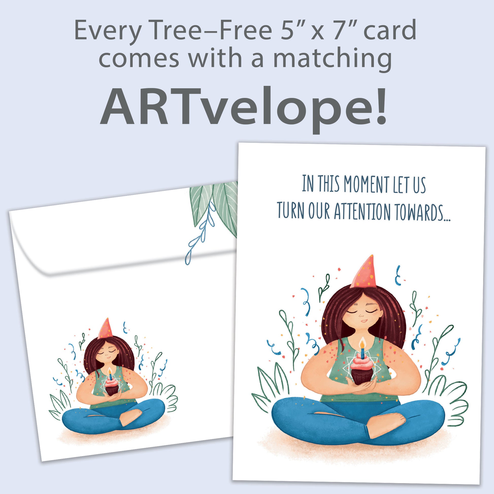 Front view of a Birthday greeting card featuring a woman meditating and holding a cupcake and a message, with matching envelope artwork.