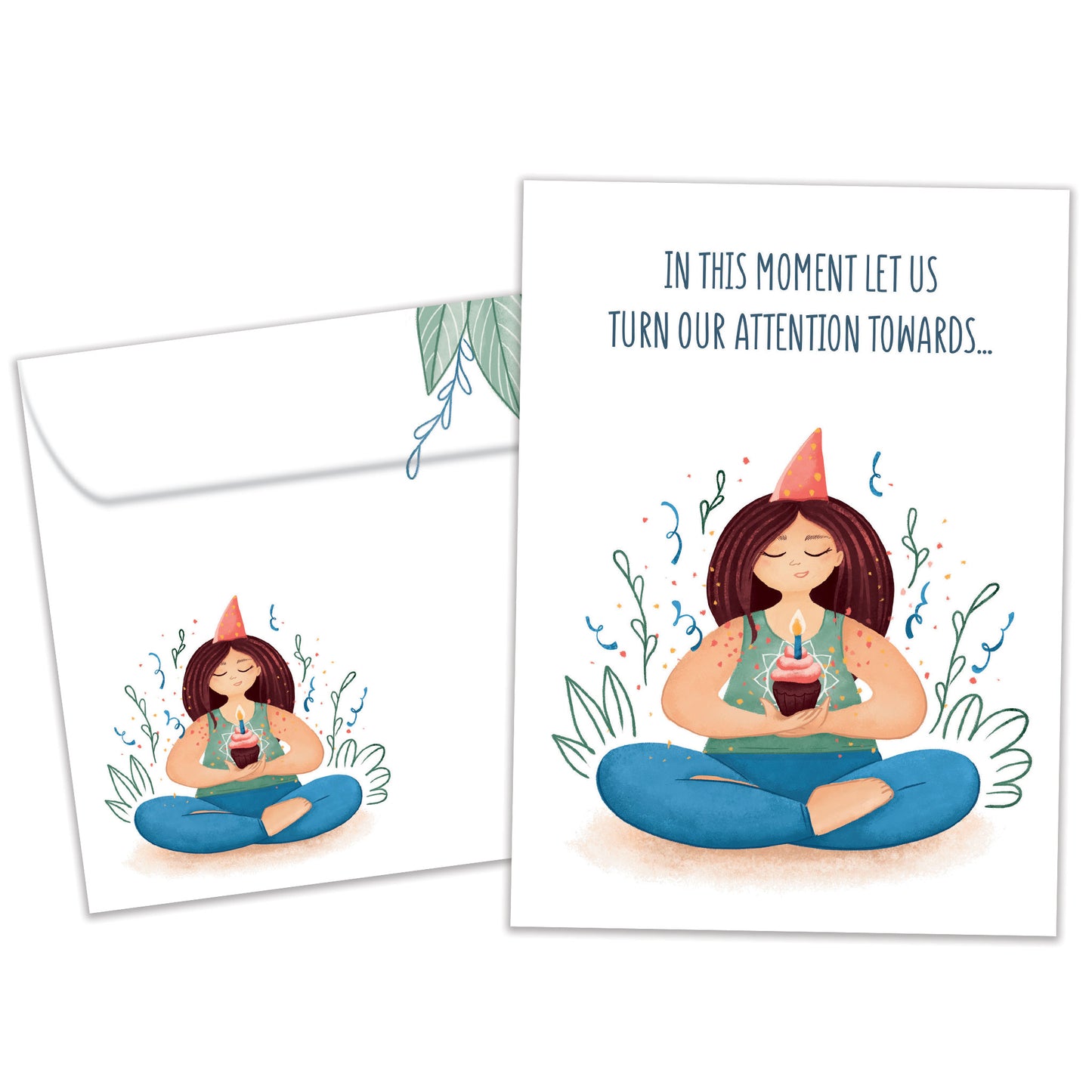Front view of a Birthday greeting card featuring a woman meditating and holding a cupcake and a message, with a matching envelope.