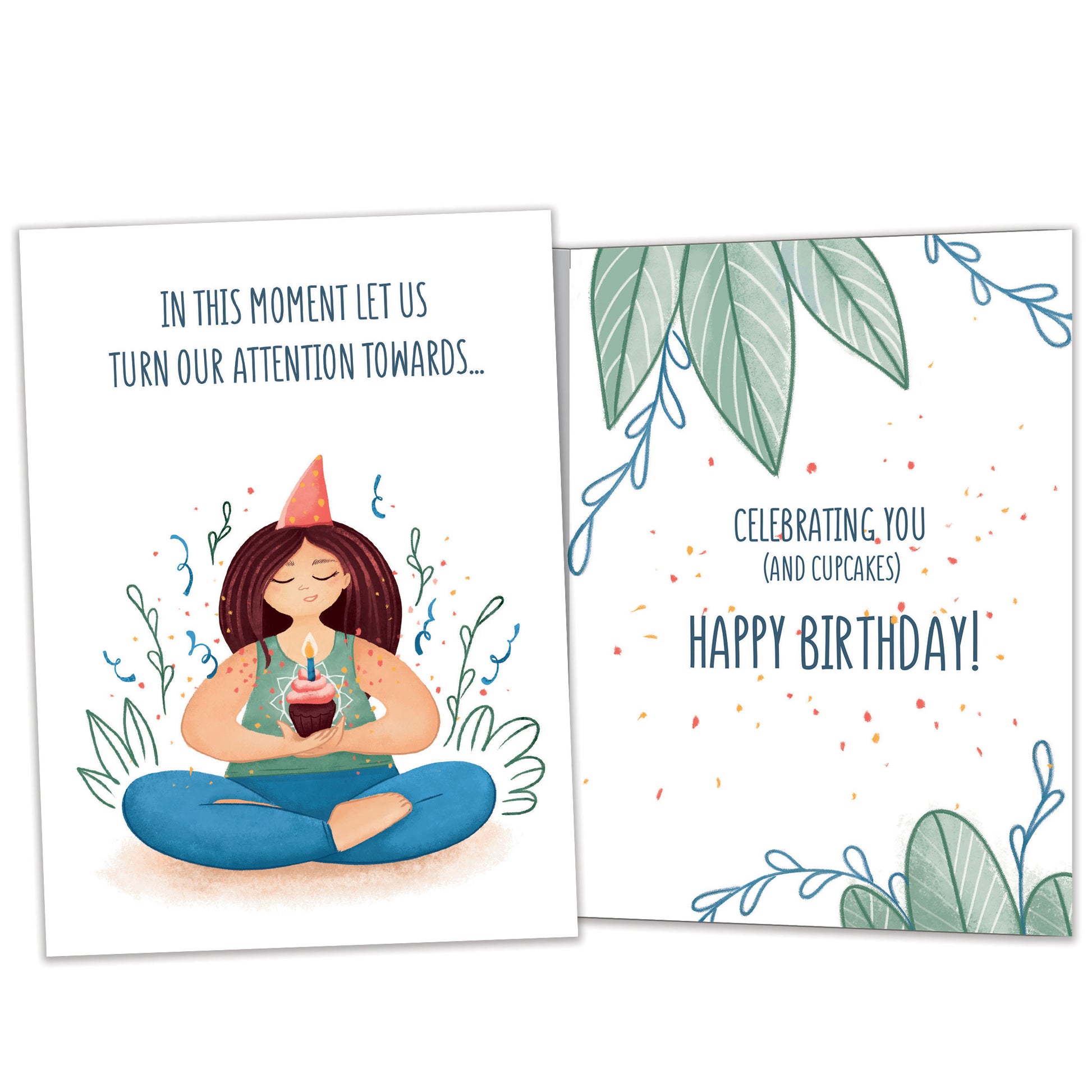 Front and inside view of a Birthday greeting card featuring a woman meditating and holding a cupcake, with matching design details inside.