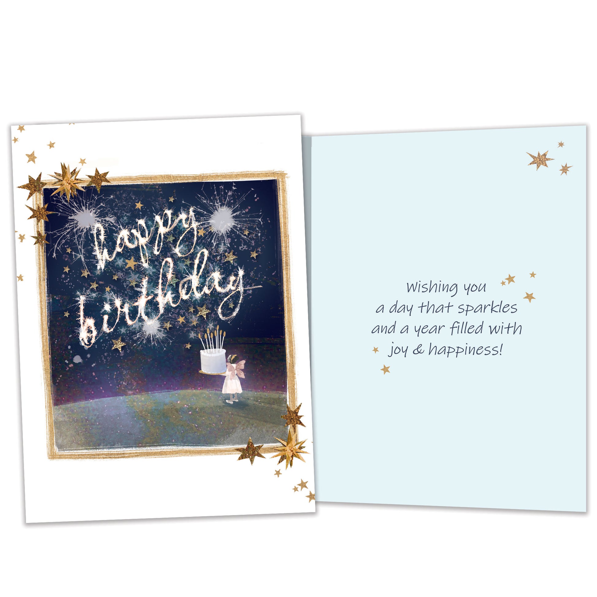 Front and inside view of a Birthday greeting card featuring a fairy holding a birthday cake and a message, with matching design details inside.