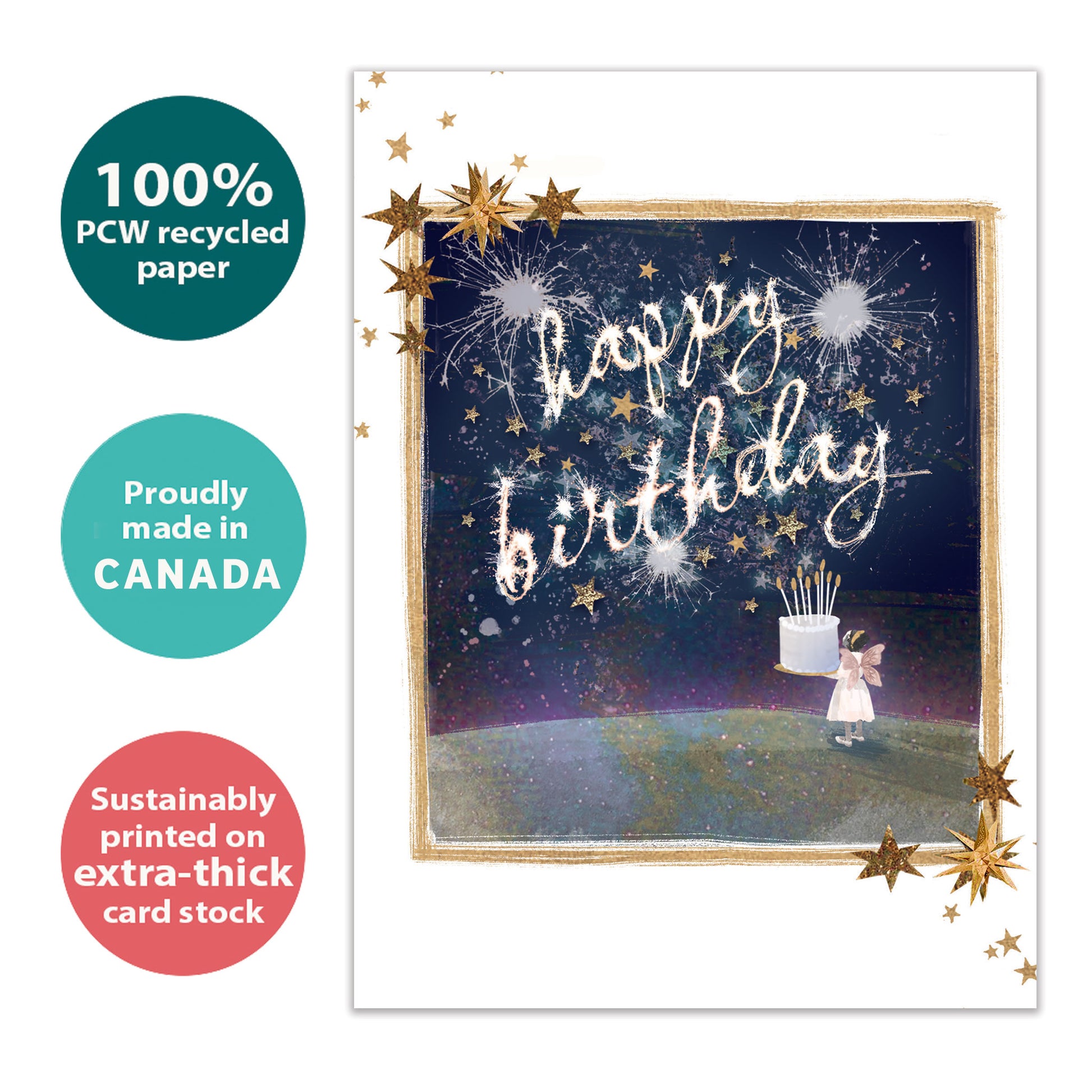 Front view of a Birthday greeting card with a fairy holding a birthday cake, highlighting its eco-friendly materials and made in Canada