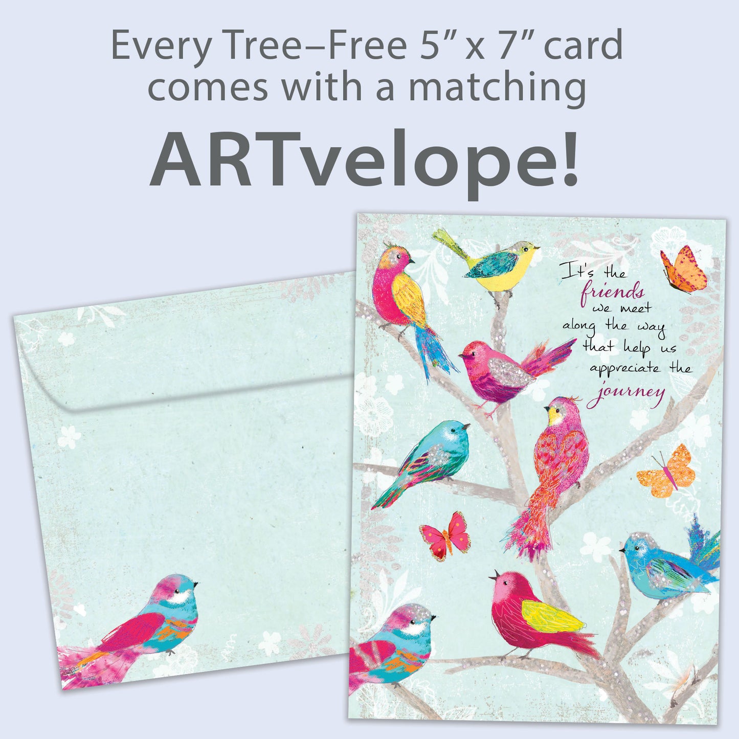 Front view of a Birthday greeting card featuring colorful birds and a message about friends we meet along the way, with matching envelope artwork