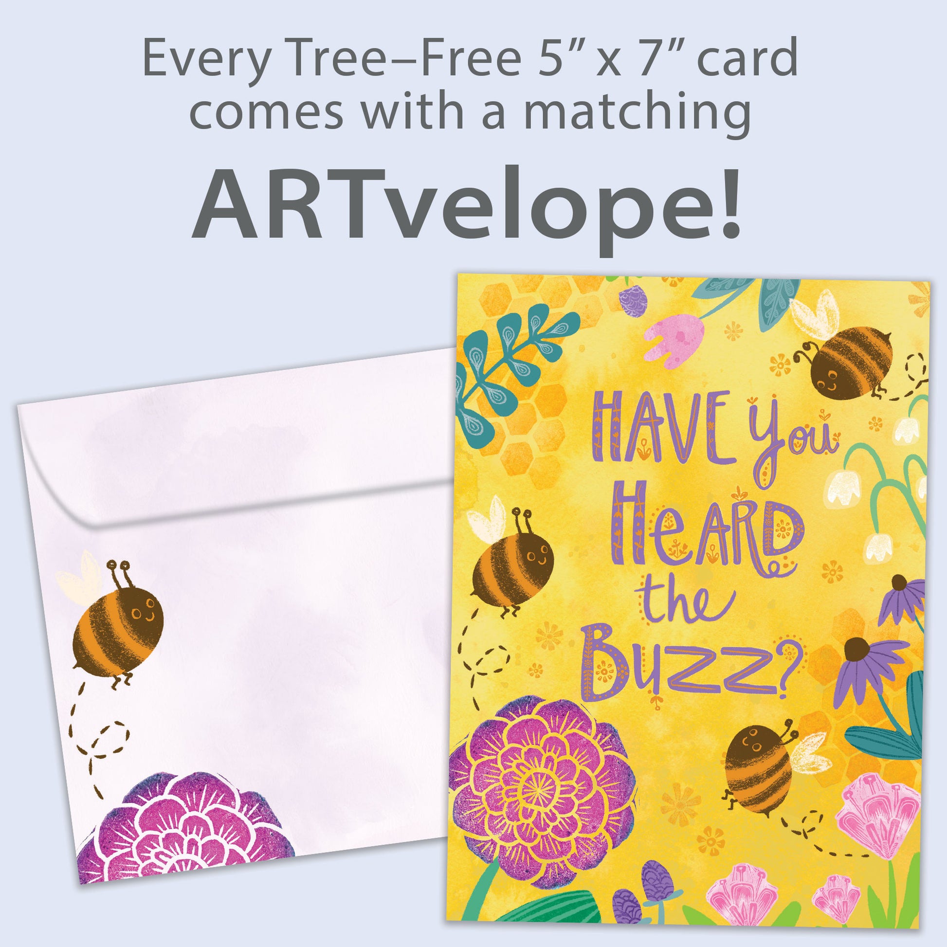 Front view of a Birthday greeting card featuring bees and flowers with the message "Have you heard the buzz?", with matching envelope artwork. 
