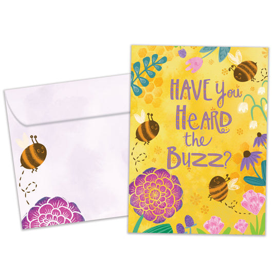 Front view of a Birthday greeting card featuring bees and flowers with the message "Have you heard the buzz?", with a matching envelope. 