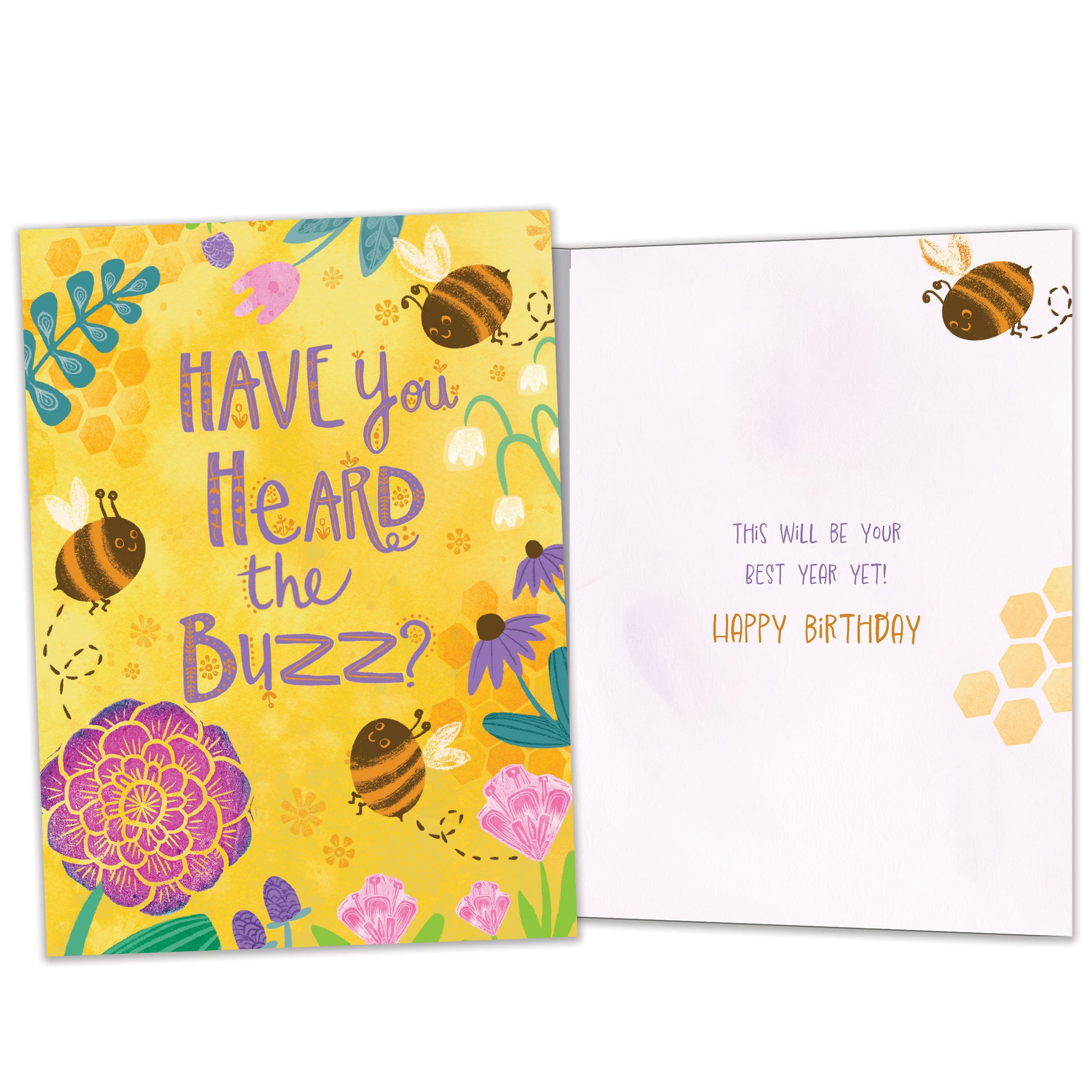 Front and inside view of a Birthday greeting card featuring bees and flowers and a message, with matching design details inside. 