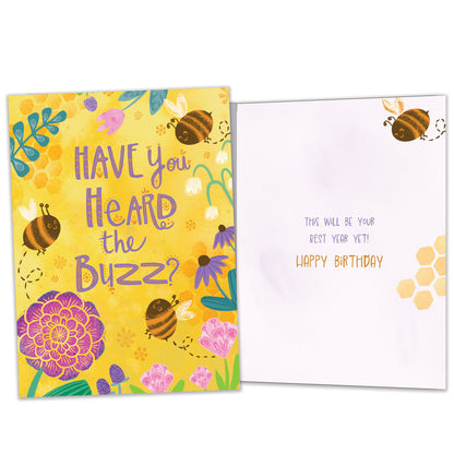 Front and inside view of a Birthday greeting card featuring bees and flowers and a message, with matching design details inside. 