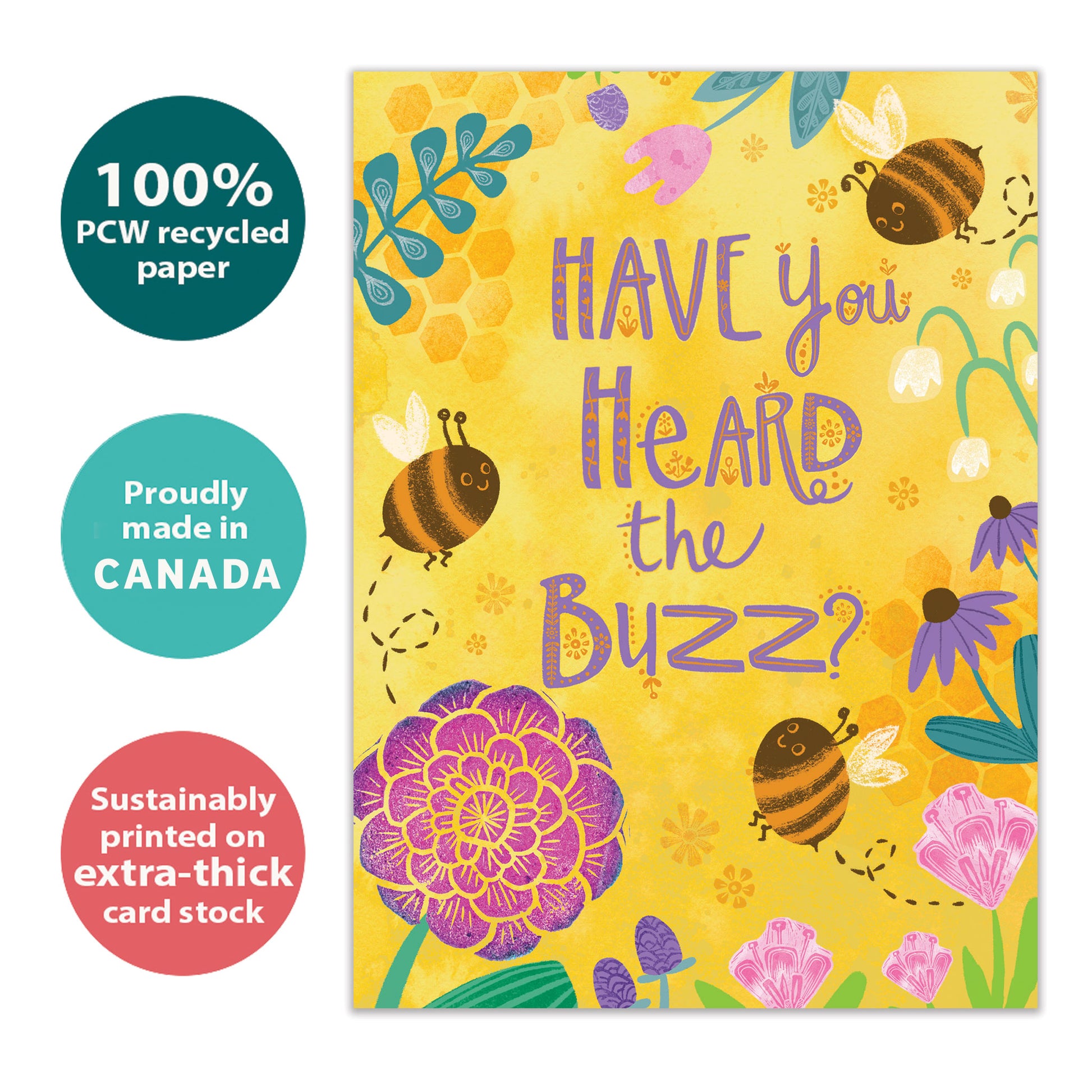 Front view of a Birthday greeting card with bees and flowers and a message, highlighting its eco-friendly materials and made in Canada.