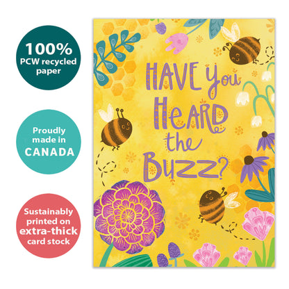 Front view of a Birthday greeting card with bees and flowers and a message, highlighting its eco-friendly materials and made in Canada.