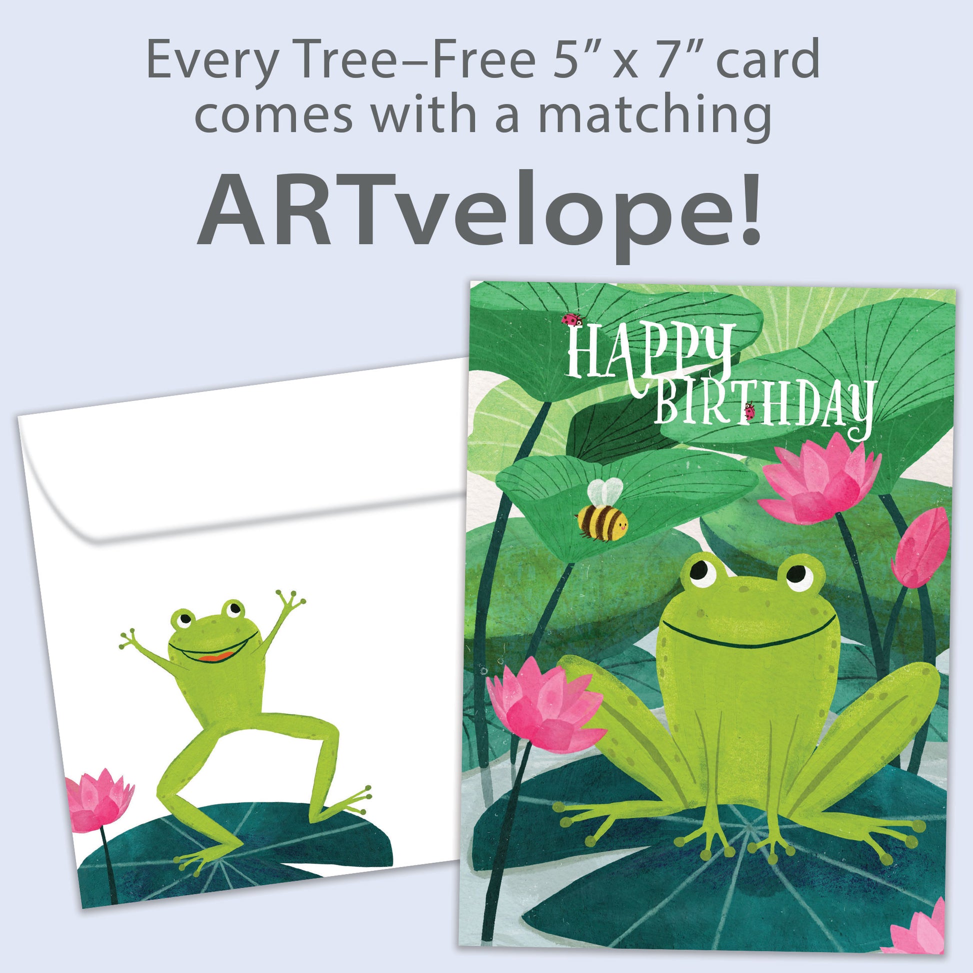 Front view of a Birthday greeting card featuring a happy frog with the message "Happy Birthday", with matching envelope artwork.