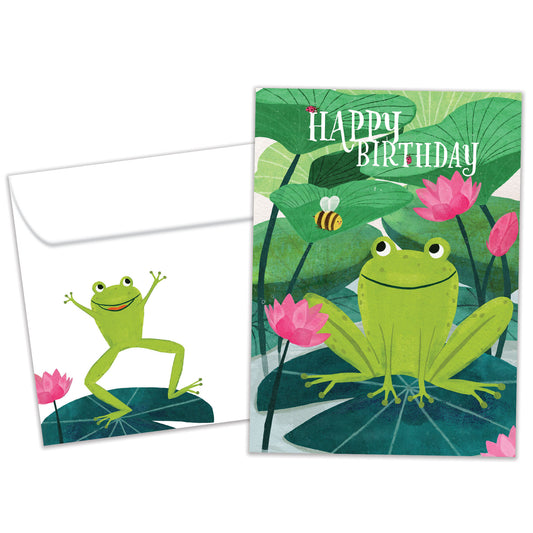 Front view of a Birthday greeting card featuring a happy frog on a lily pad with the message "Happy Birthday", with a matching envelope.