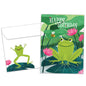 Front view of a Birthday greeting card featuring a happy frog on a lily pad with the message "Happy Birthday", with a matching envelope.