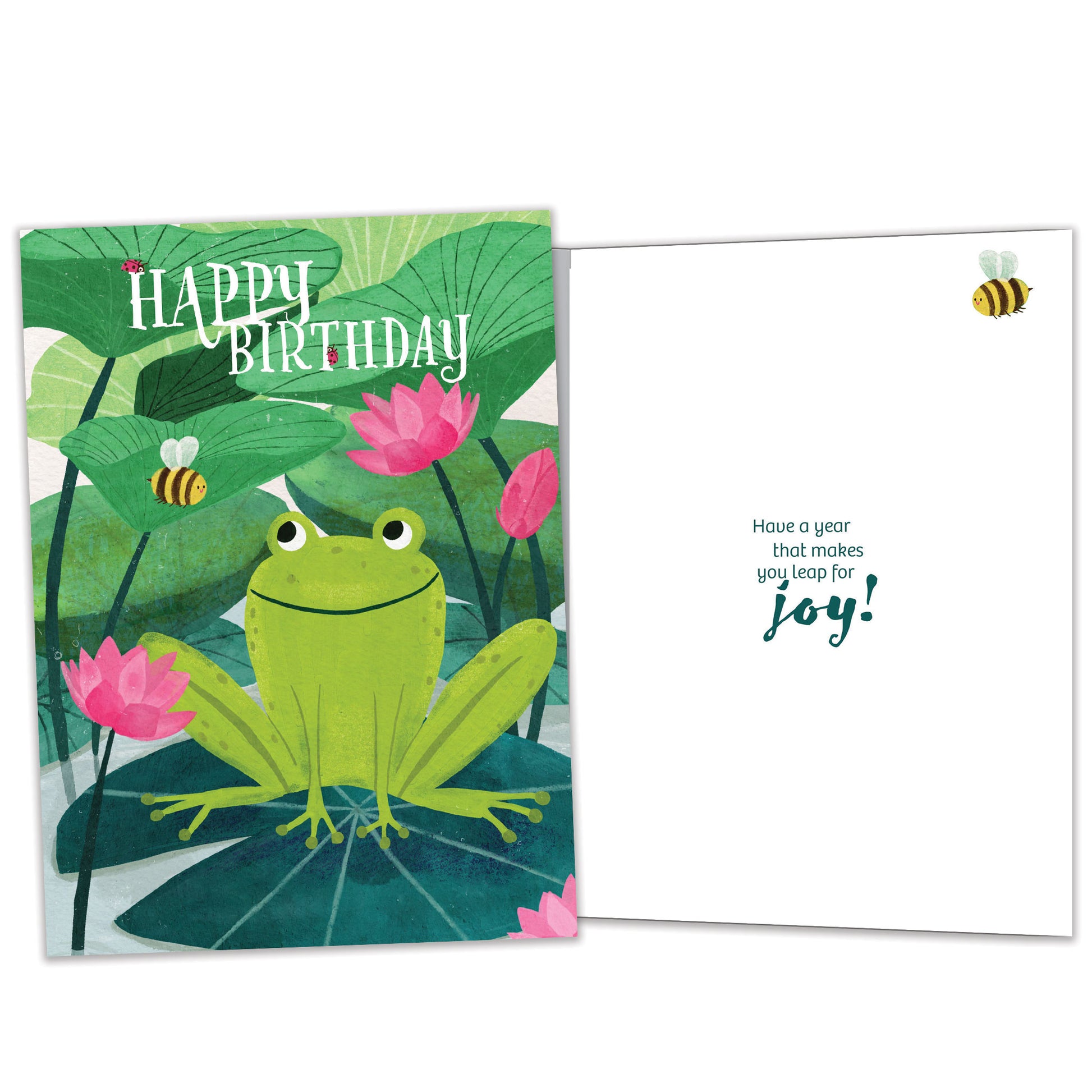 Front and inside view of a Birthday greeting card featuring a happy frog and the message "Happy Birthday", with matching design details inside.