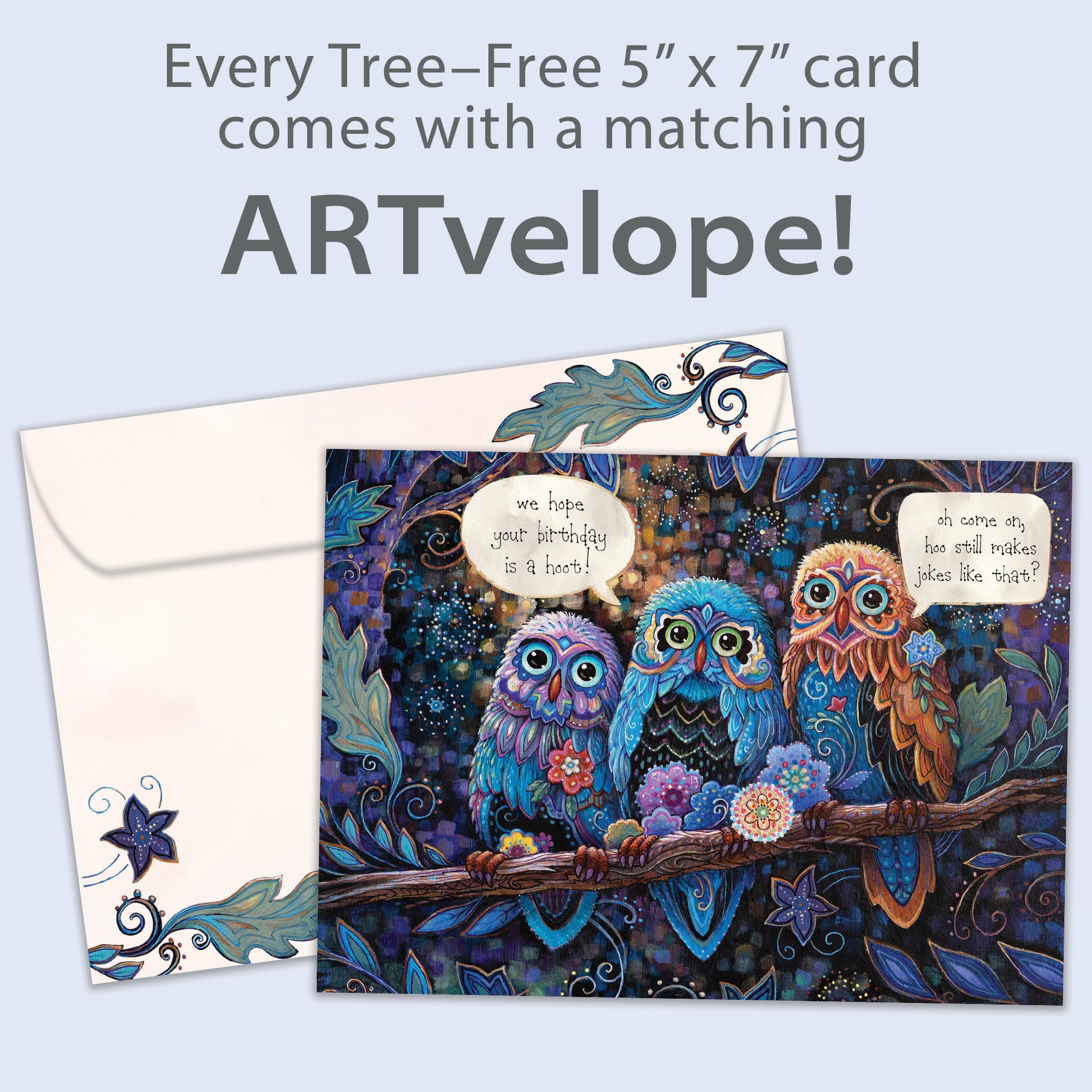 Front view of a Birthday greeting card featuring a colorful illustration of owls and a birthday message, with matching envelope artwork.