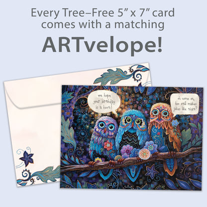 Front view of a Birthday greeting card featuring a colorful illustration of owls and a birthday message, with matching envelope artwork.
